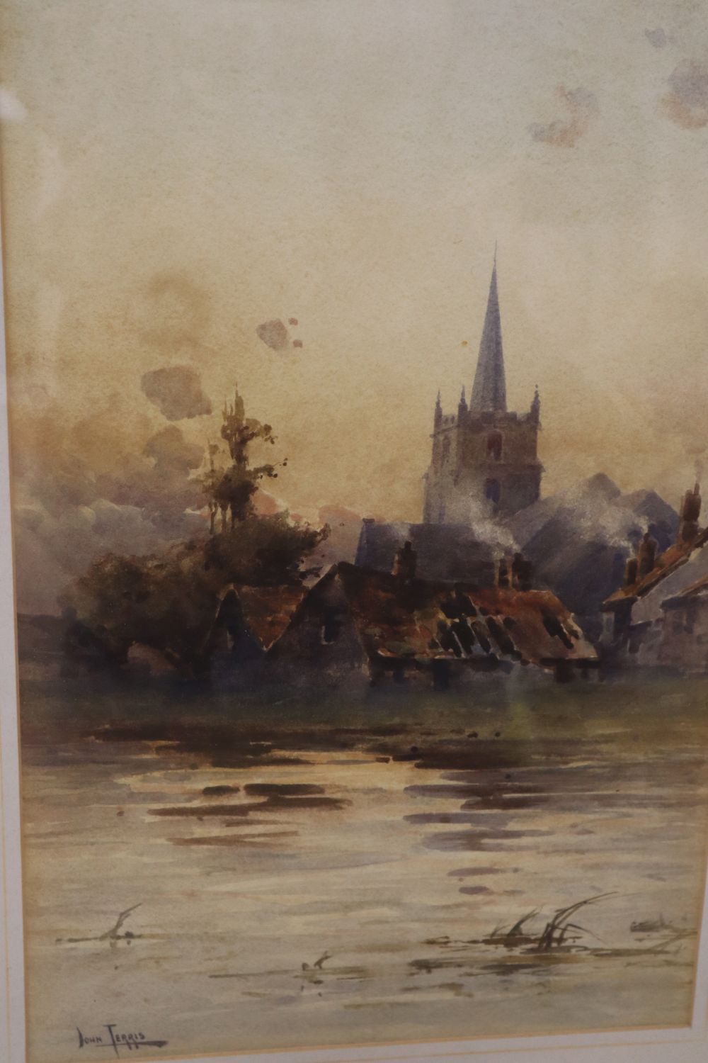 John Terris (1865-1914), pair of watercolours, Views of Windsor Castle and a riverside church, signed, 44 x 29cm
